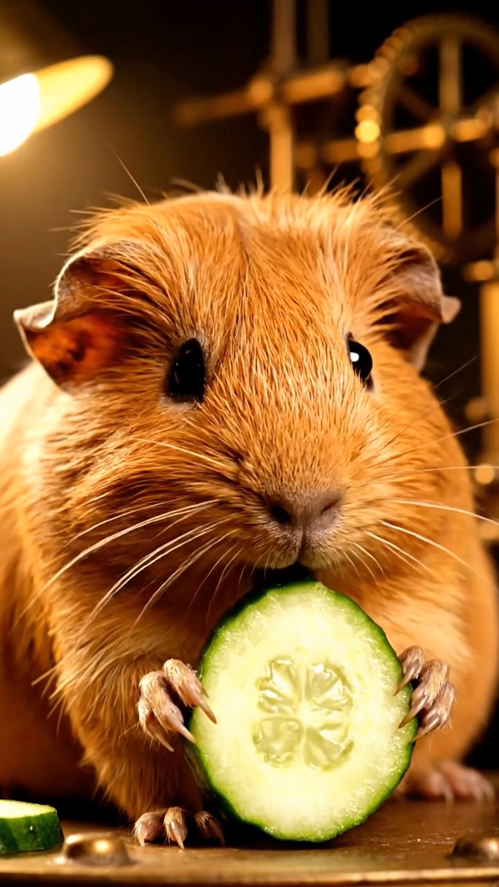 1493. Photorealistic scene of 1 smooth-haired Peruvian guinea pig with cinnamon fur, munching on cucumber rounds, in a eccentric tinker's workshop with machines.