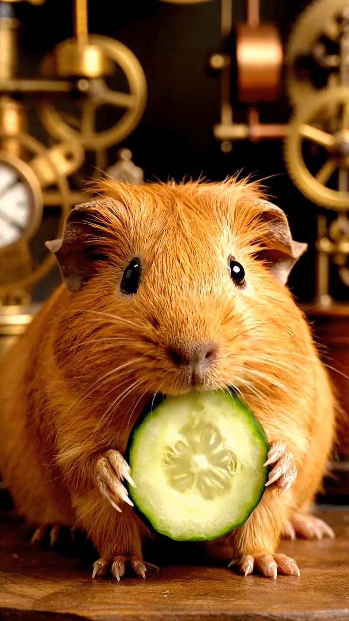 1493. Photorealistic scene of 1 smooth-haired Peruvian guinea pig with cinnamon fur, munching on cucumber rounds, in a eccentric tinker's workshop with machines.