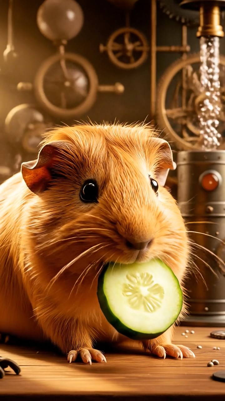 1493. Photorealistic scene of 1 smooth-haired Peruvian guinea pig with cinnamon fur, munching on cucumber rounds, in a eccentric tinker's workshop with machines.