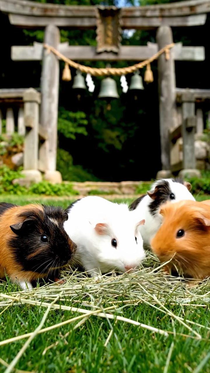 1494. Realistic depiction of 4 smooth-haired Silkie guinea pigs with sable, white, and orange fur, eating timothy hay, near a sacred mountain gate with bells.