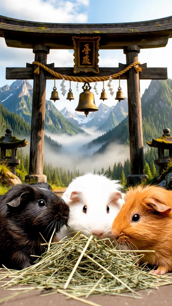 1494. Realistic depiction of 4 smooth-haired Silkie guinea pigs with sable, white, and orange fur, eating timothy hay, near a sacred mountain gate with bells.