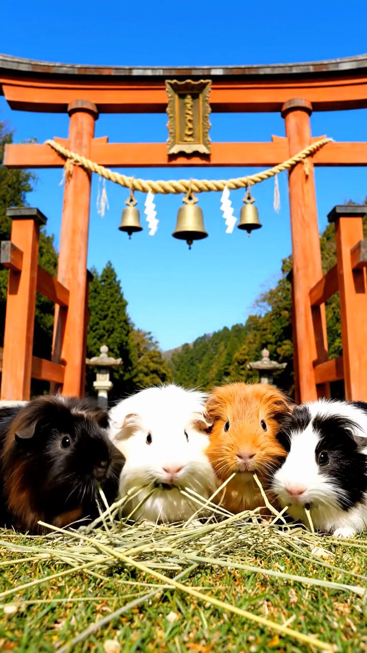 1494. Realistic depiction of 4 smooth-haired Silkie guinea pigs with sable, white, and orange fur, eating timothy hay, near a sacred mountain gate with bells.