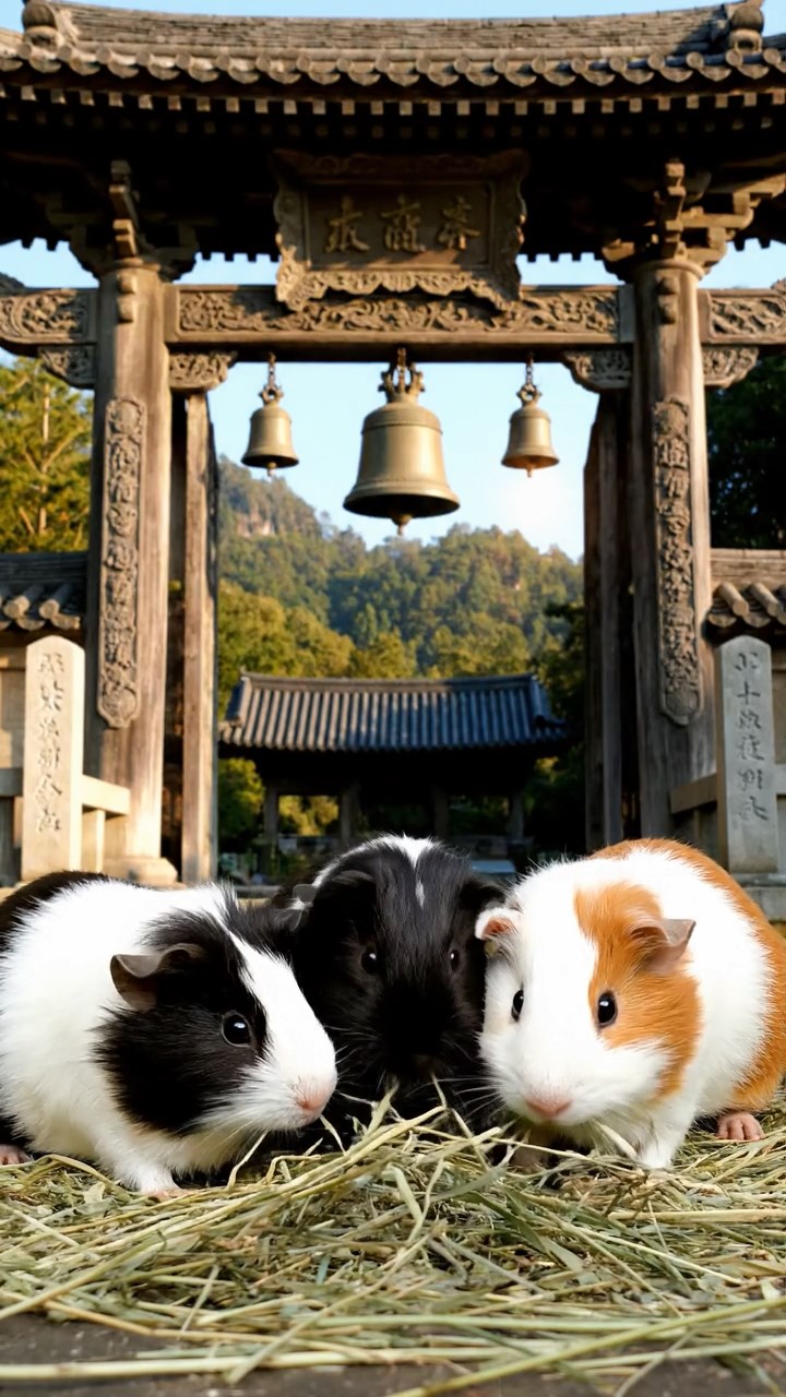 1494. Realistic depiction of 4 smooth-haired Silkie guinea pigs with sable, white, and orange fur, eating timothy hay, near a sacred mountain gate with bells.
