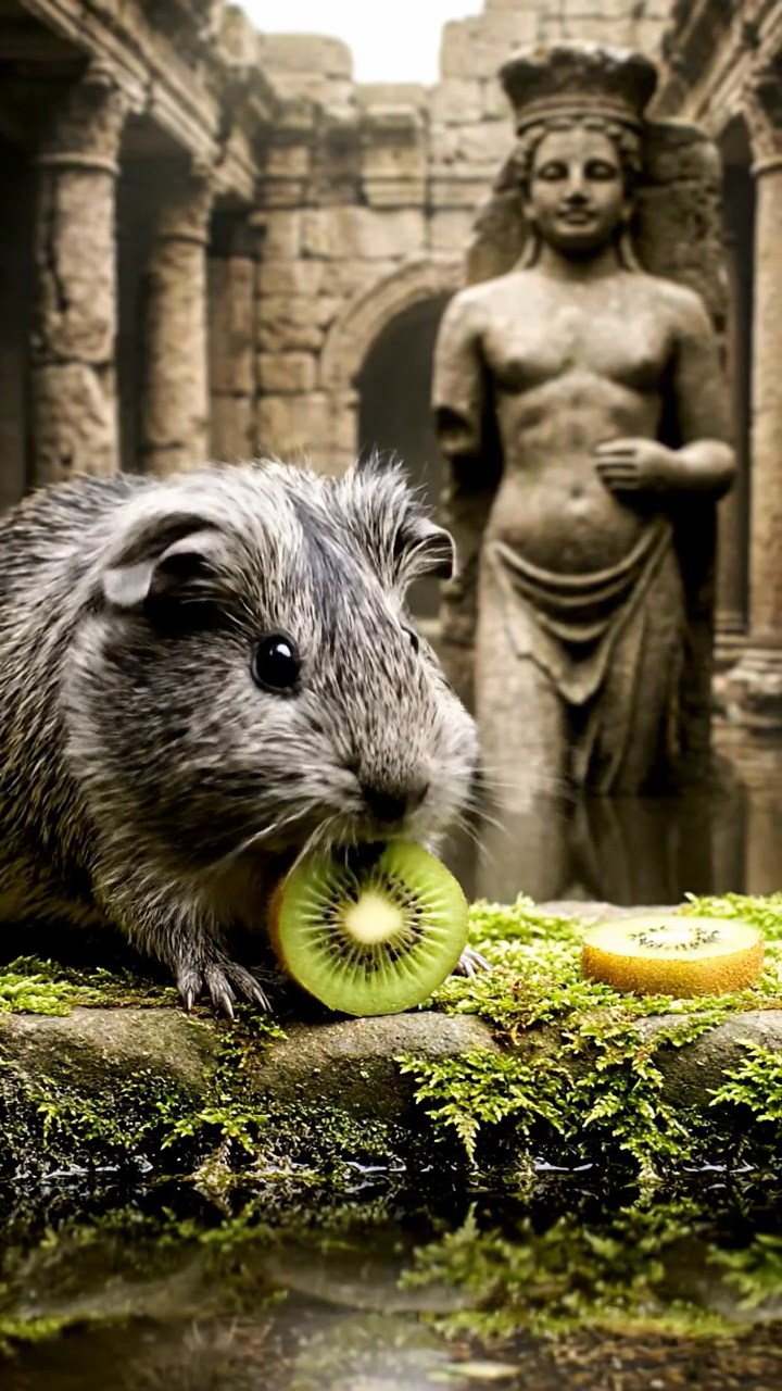 1495. Detailed photo of 2 smooth-haired Teddy guinea pigs in gray and black colors, nibbling on kiwi slices, in a flooded ancient ruin with statues.