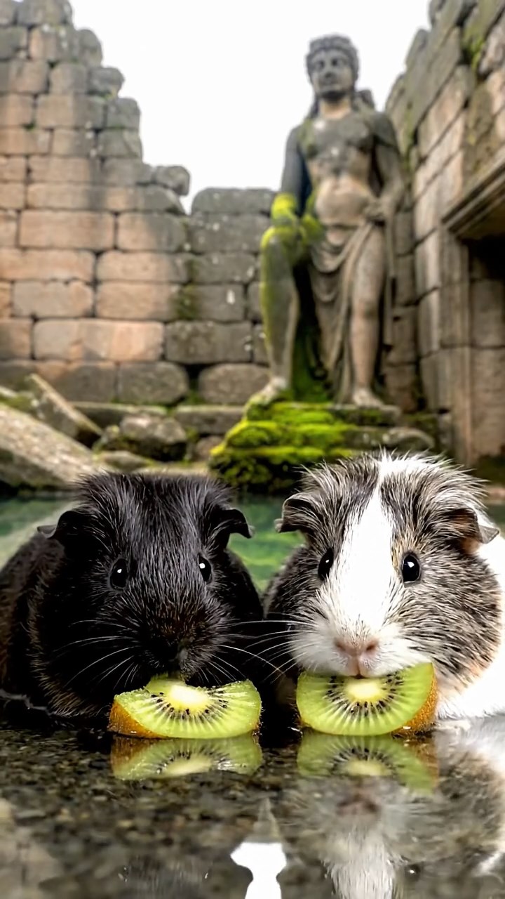 1495. Detailed photo of 2 smooth-haired Teddy guinea pigs in gray and black colors, nibbling on kiwi slices, in a flooded ancient ruin with statues.