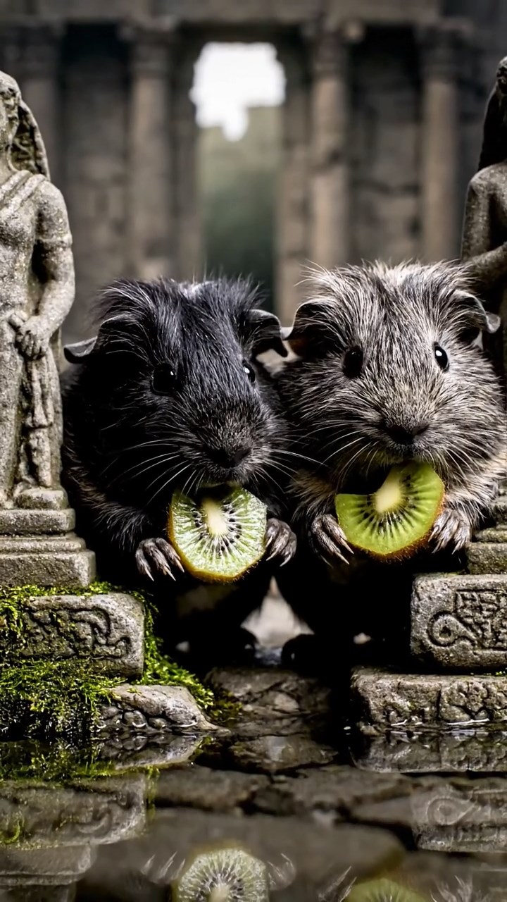 1495. Detailed photo of 2 smooth-haired Teddy guinea pigs in gray and black colors, nibbling on kiwi slices, in a flooded ancient ruin with statues.