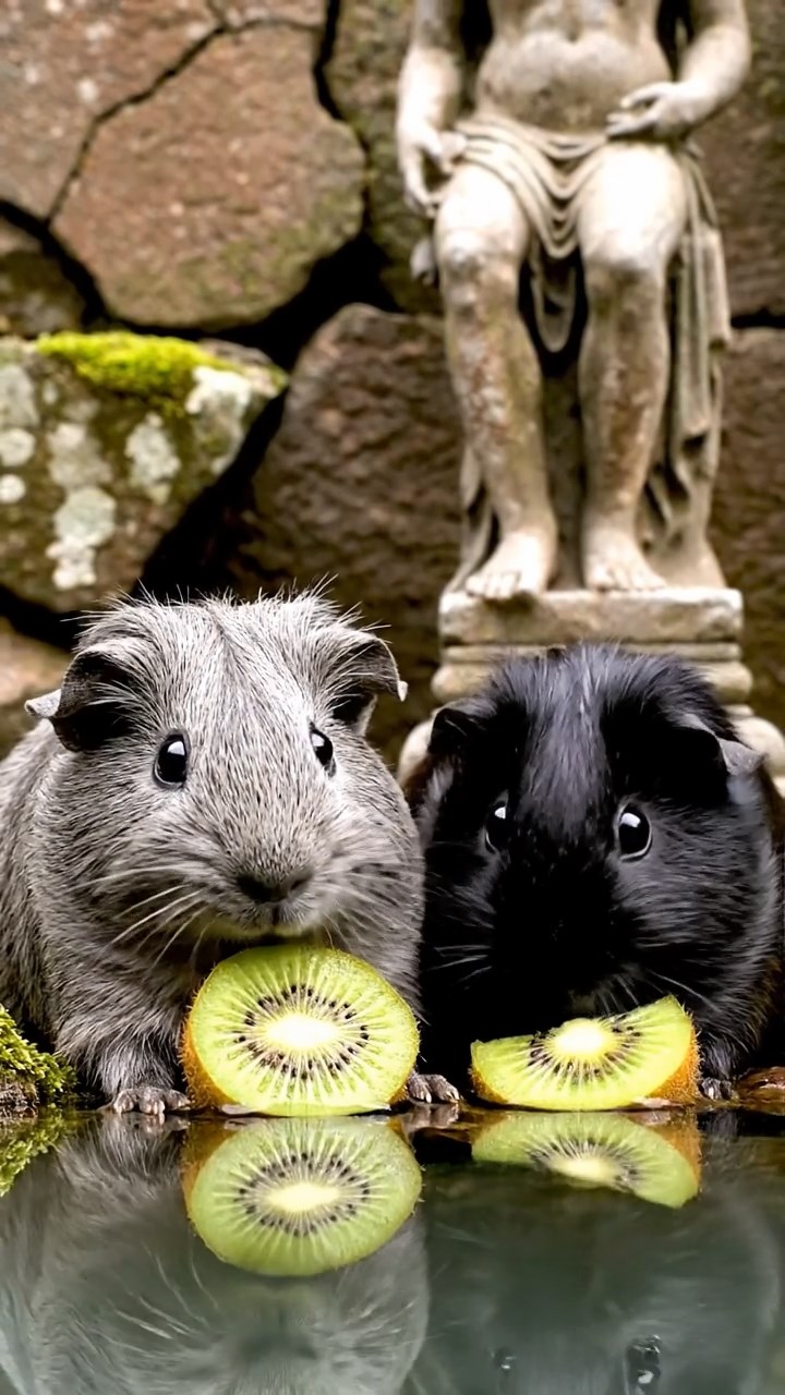 1495. Detailed photo of 2 smooth-haired Teddy guinea pigs in gray and black colors, nibbling on kiwi slices, in a flooded ancient ruin with statues.