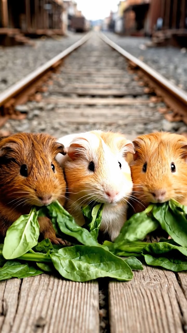 1496. Photorealistic image of 3 smooth-haired Texel guinea pigs with brown, cream, and fawn fur, chewing on spinach bunches, on a old mining town street with rails.