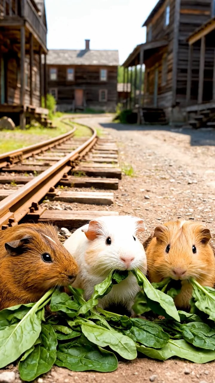 1496. Photorealistic image of 3 smooth-haired Texel guinea pigs with brown, cream, and fawn fur, chewing on spinach bunches, on a old mining town street with rails.
