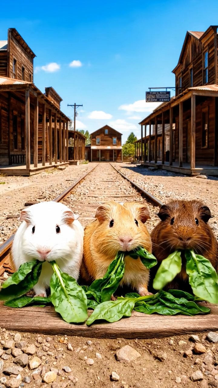 1496. Photorealistic image of 3 smooth-haired Texel guinea pigs with brown, cream, and fawn fur, chewing on spinach bunches, on a old mining town street with rails.