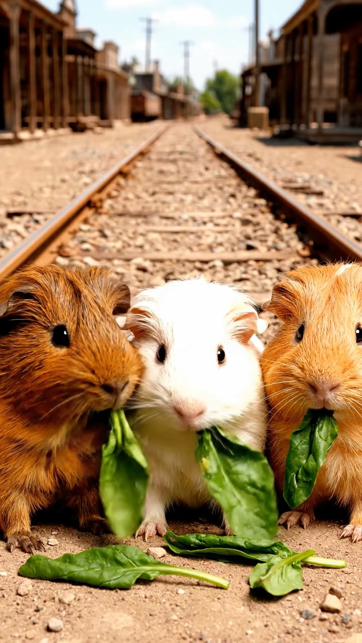 1496. Photorealistic image of 3 smooth-haired Texel guinea pigs with brown, cream, and fawn fur, chewing on spinach bunches, on a old mining town street with rails.
