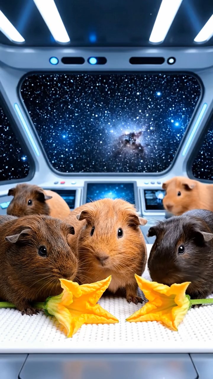 1497. Realistic scene of 5 smooth-haired Rex guinea pigs featuring chocolate, cinnamon, and sable coats, sharing zucchini flowers, inside a interstellar craft bridge with stars.