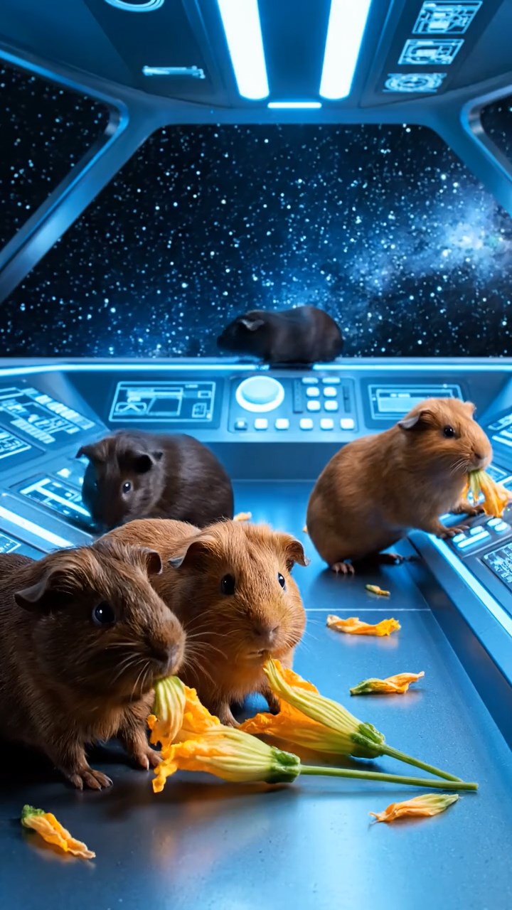 1497. Realistic scene of 5 smooth-haired Rex guinea pigs featuring chocolate, cinnamon, and sable coats, sharing zucchini flowers, inside a interstellar craft bridge with stars.