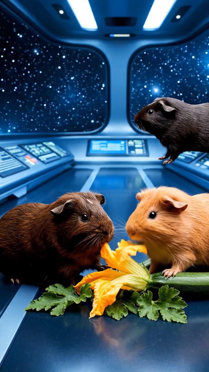 1497. Realistic scene of 5 smooth-haired Rex guinea pigs featuring chocolate, cinnamon, and sable coats, sharing zucchini flowers, inside a interstellar craft bridge with stars.