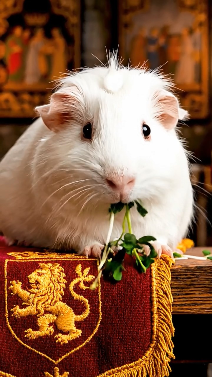 1498. Highly detailed view of 1 smooth-haired Coronet guinea pig with white fur, munching on alfalfa sprouts, at a knightly feast hall with tapestries.