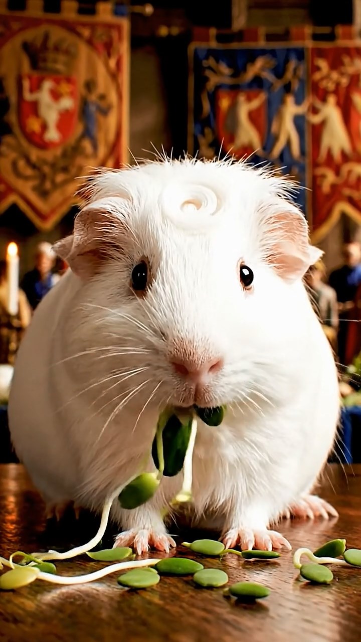1498. Highly detailed view of 1 smooth-haired Coronet guinea pig with white fur, munching on alfalfa sprouts, at a knightly feast hall with tapestries.