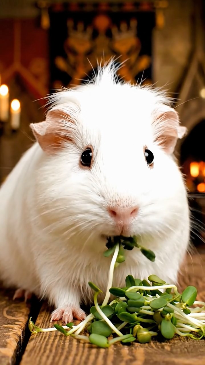1498. Highly detailed view of 1 smooth-haired Coronet guinea pig with white fur, munching on alfalfa sprouts, at a knightly feast hall with tapestries.