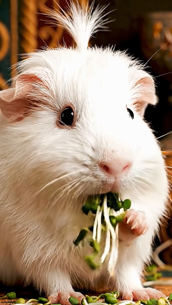 1498. Highly detailed view of 1 smooth-haired Coronet guinea pig with white fur, munching on alfalfa sprouts, at a knightly feast hall with tapestries.