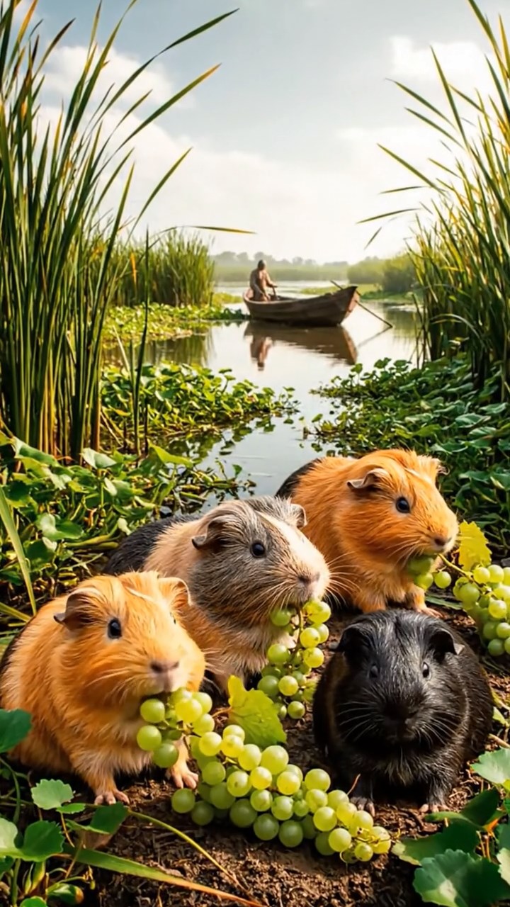 1499. Photorealistic photo of 4 smooth-haired White Crested guinea pigs with orange, gray, and black fur, eating grape vines, in a humid delta marsh with boats.