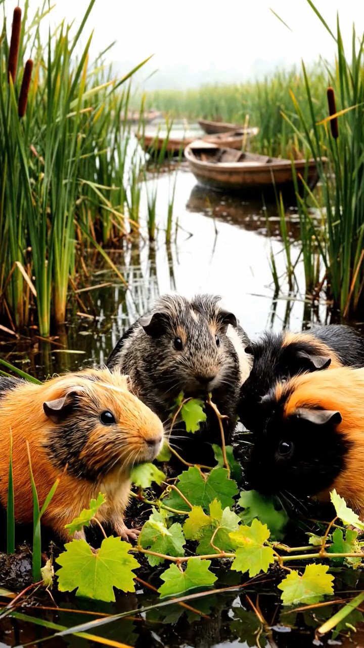 1499. Photorealistic photo of 4 smooth-haired White Crested guinea pigs with orange, gray, and black fur, eating grape vines, in a humid delta marsh with boats.