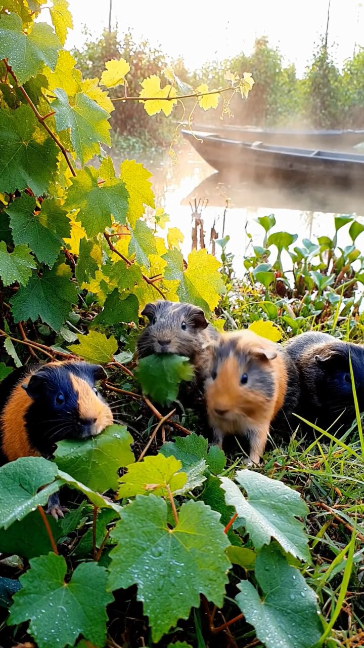 1499. Photorealistic photo of 4 smooth-haired White Crested guinea pigs with orange, gray, and black fur, eating grape vines, in a humid delta marsh with boats.