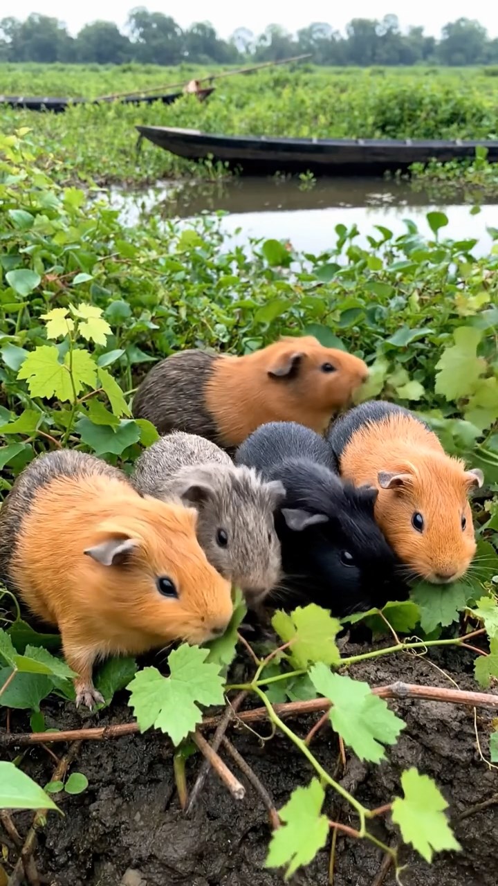 1499. Photorealistic photo of 4 smooth-haired White Crested guinea pigs with orange, gray, and black fur, eating grape vines, in a humid delta marsh with boats.