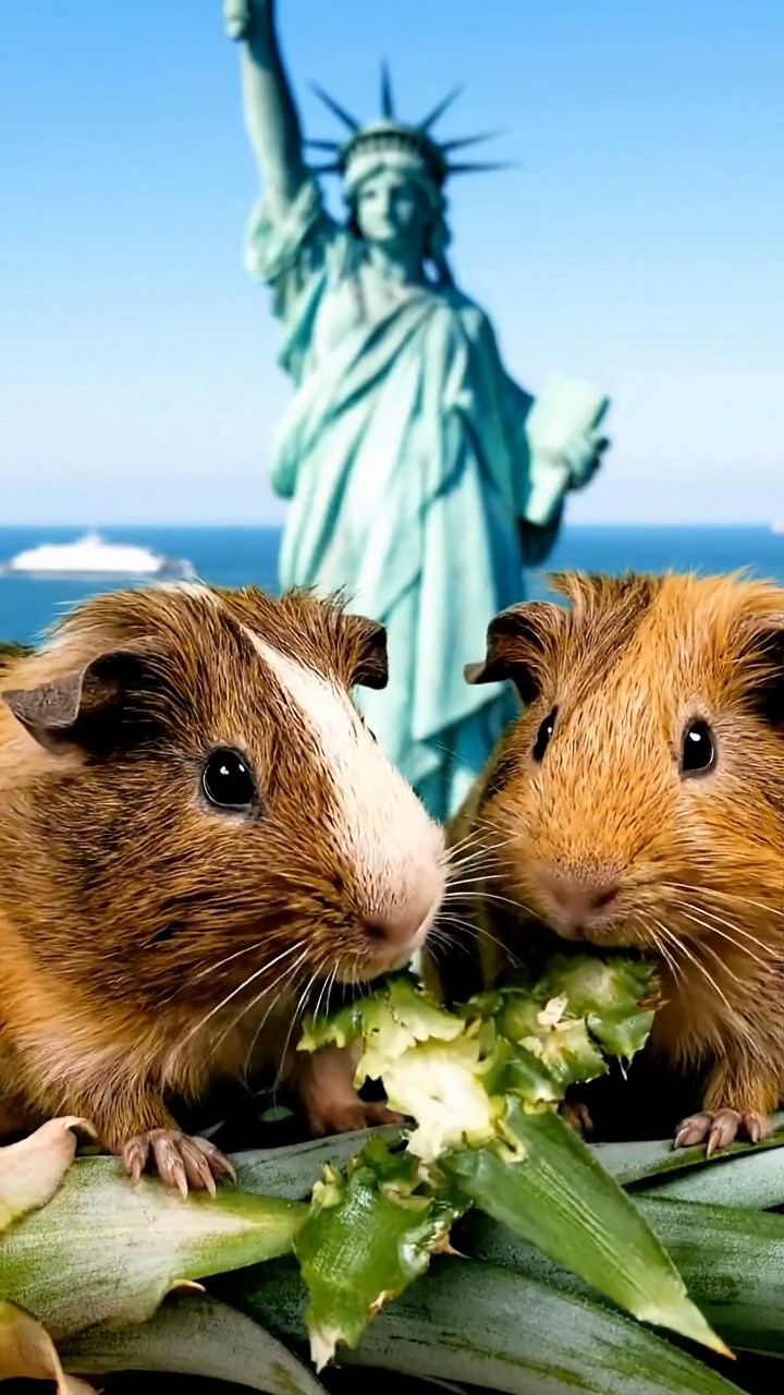 1500. Realistic depiction of 2 smooth-haired Skinny guinea pigs in brown and cream colors, nibbling on pineapple leaves, atop a liberty statue observation deck with ferries below.