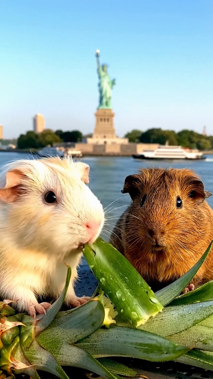 1500. Realistic depiction of 2 smooth-haired Skinny guinea pigs in brown and cream colors, nibbling on pineapple leaves, atop a liberty statue observation deck with ferries below.