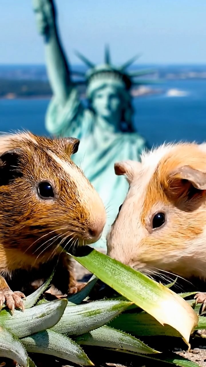 1500. Realistic depiction of 2 smooth-haired Skinny guinea pigs in brown and cream colors, nibbling on pineapple leaves, atop a liberty statue observation deck with ferries below.