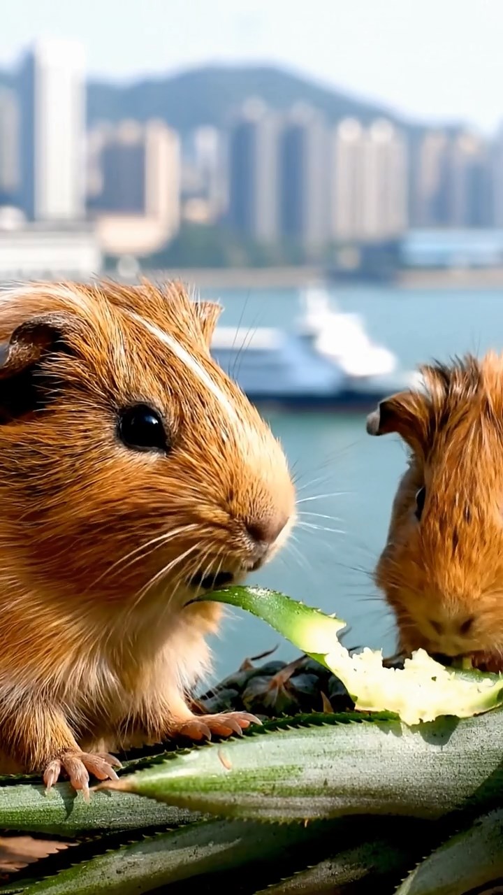 1500. Realistic depiction of 2 smooth-haired Skinny guinea pigs in brown and cream colors, nibbling on pineapple leaves, atop a liberty statue observation deck with ferries below.