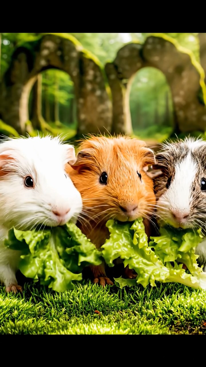 1501. A realistic close-up photo of 3 smooth-haired American guinea pigs with white, orange, and gray fur, eagerly munching on fresh lettuce leaves, in a mystical enchanted glen with ancient stone circles and soft glowing moss under dappled forest light.