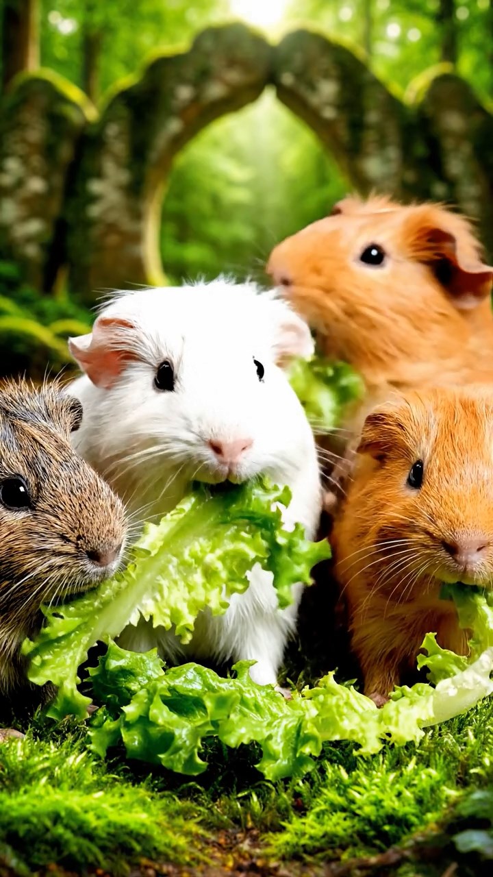1501. A realistic close-up photo of 3 smooth-haired American guinea pigs with white, orange, and gray fur, eagerly munching on fresh lettuce leaves, in a mystical enchanted glen with ancient stone circles and soft glowing moss under dappled forest light.
