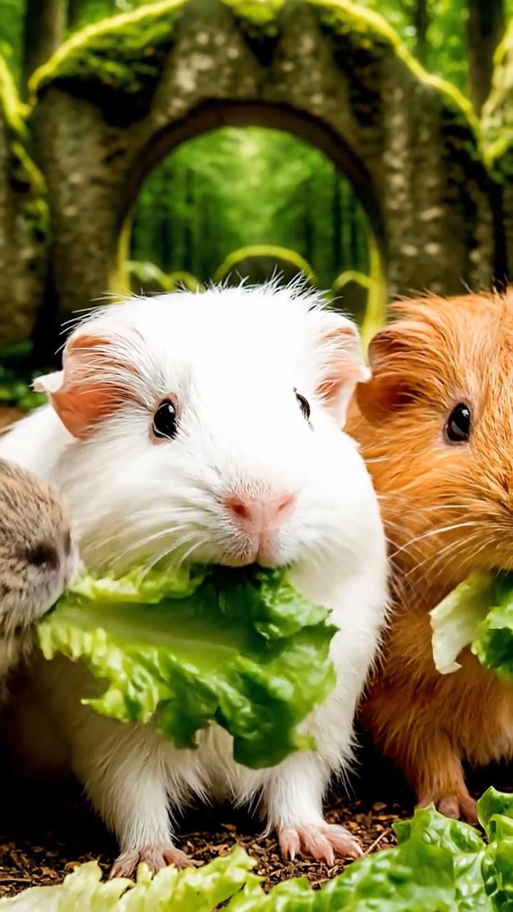 1501. A realistic close-up photo of 3 smooth-haired American guinea pigs with white, orange, and gray fur, eagerly munching on fresh lettuce leaves, in a mystical enchanted glen with ancient stone circles and soft glowing moss under dappled forest light.
