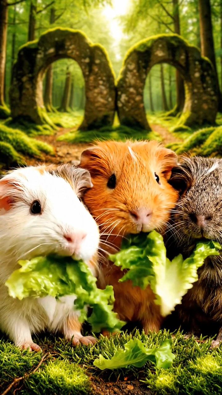 1501. A realistic close-up photo of 3 smooth-haired American guinea pigs with white, orange, and gray fur, eagerly munching on fresh lettuce leaves, in a mystical enchanted glen with ancient stone circles and soft glowing moss under dappled forest light.