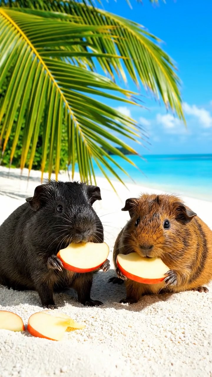 1502. Highly detailed realistic image of 2 smooth-haired Abyssinian guinea pigs featuring black and brown coats, nibbling on apple slices, on a tropical coral atoll beach with palm fronds and shallow turquoise lagoons under bright equatorial sun.