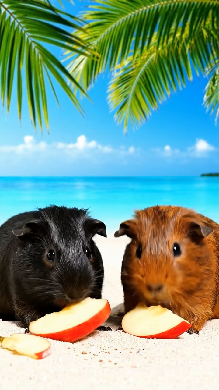 1502. Highly detailed realistic image of 2 smooth-haired Abyssinian guinea pigs featuring black and brown coats, nibbling on apple slices, on a tropical coral atoll beach with palm fronds and shallow turquoise lagoons under bright equatorial sun.