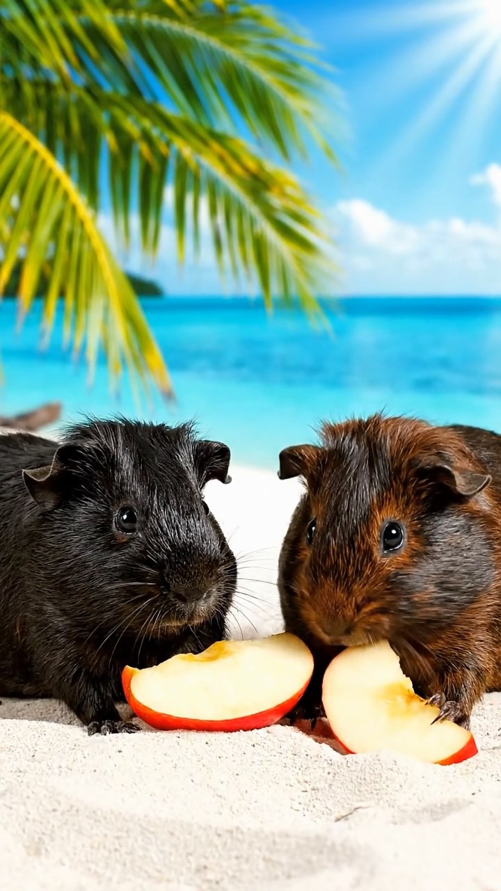 1502. Highly detailed realistic image of 2 smooth-haired Abyssinian guinea pigs featuring black and brown coats, nibbling on apple slices, on a tropical coral atoll beach with palm fronds and shallow turquoise lagoons under bright equatorial sun.