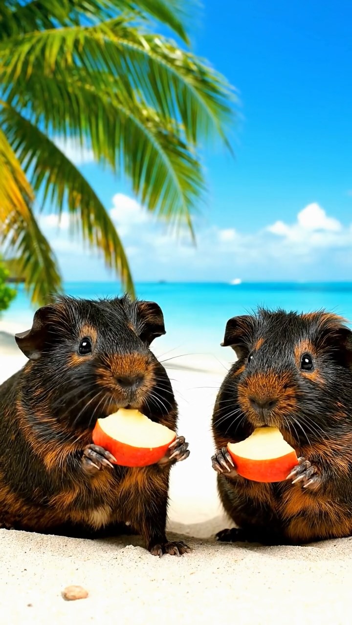 1502. Highly detailed realistic image of 2 smooth-haired Abyssinian guinea pigs featuring black and brown coats, nibbling on apple slices, on a tropical coral atoll beach with palm fronds and shallow turquoise lagoons under bright equatorial sun.
