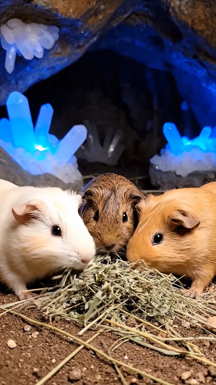 1503. Photorealistic scene of 4 smooth-haired Peruvian guinea pigs with cream, fawn, and chocolate fur, eating dried timothy hay, inside a hidden underground cavern with crystal formations and echoing water drips.