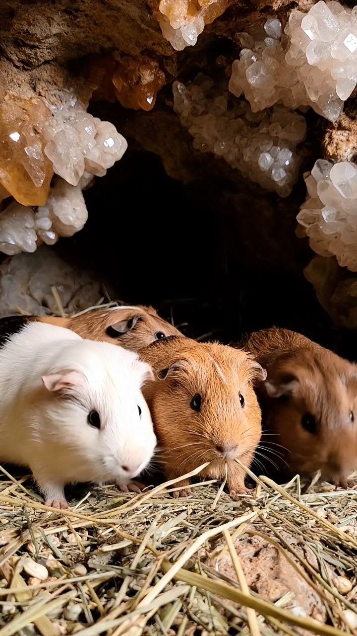 1503. Photorealistic scene of 4 smooth-haired Peruvian guinea pigs with cream, fawn, and chocolate fur, eating dried timothy hay, inside a hidden underground cavern with crystal formations and echoing water drips.
