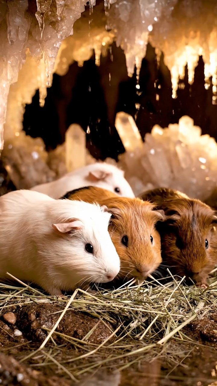1503. Photorealistic scene of 4 smooth-haired Peruvian guinea pigs with cream, fawn, and chocolate fur, eating dried timothy hay, inside a hidden underground cavern with crystal formations and echoing water drips.
