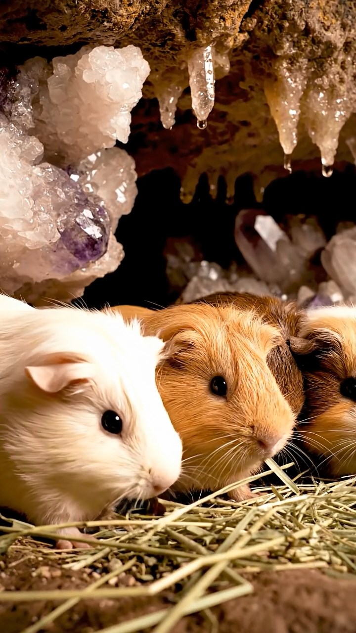 1503. Photorealistic scene of 4 smooth-haired Peruvian guinea pigs with cream, fawn, and chocolate fur, eating dried timothy hay, inside a hidden underground cavern with crystal formations and echoing water drips.