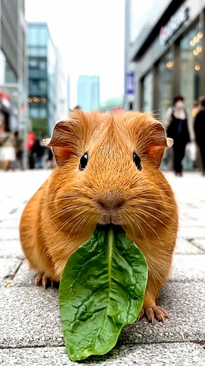 1504. Realistic depiction of 1 smooth-haired Silkie guinea pig with cinnamon fur, chewing on spinach leaves, in a vibrant urban shopping plaza with glass storefronts and bustling pedestrians under clear daylight.