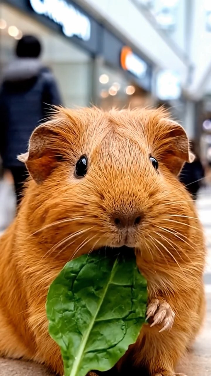 1504. Realistic depiction of 1 smooth-haired Silkie guinea pig with cinnamon fur, chewing on spinach leaves, in a vibrant urban shopping plaza with glass storefronts and bustling pedestrians under clear daylight.
