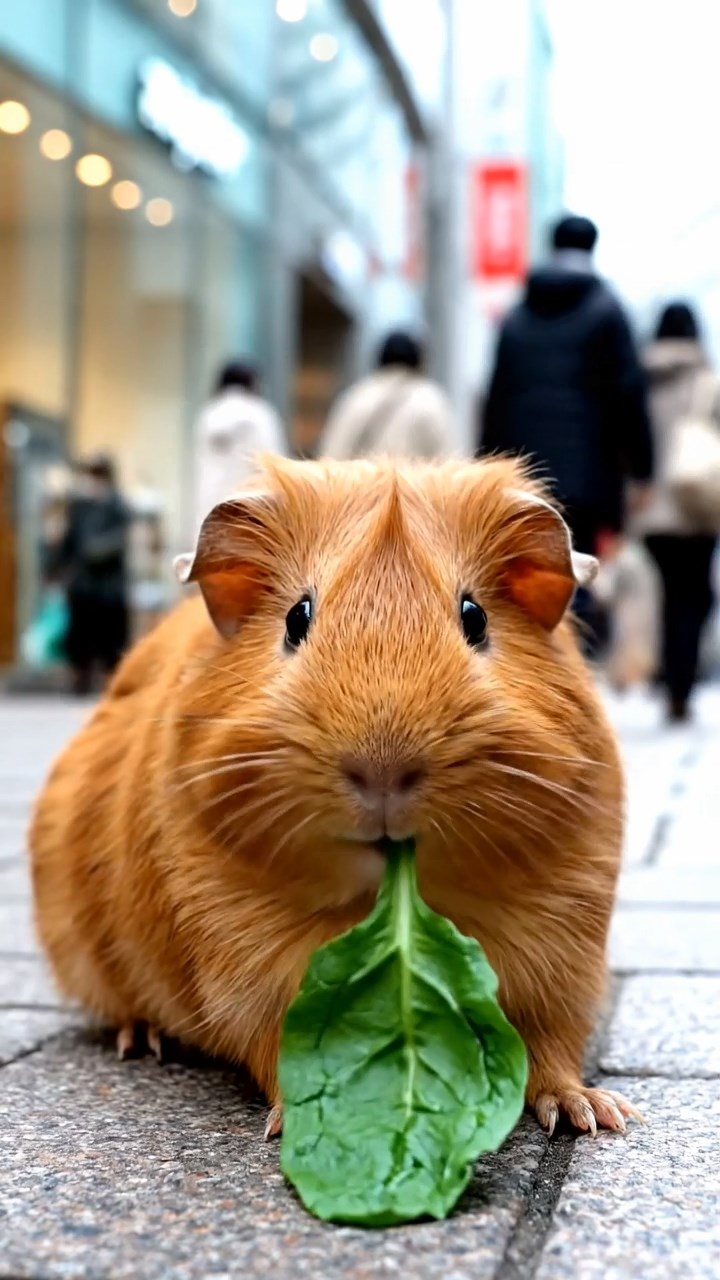 1504. Realistic depiction of 1 smooth-haired Silkie guinea pig with cinnamon fur, chewing on spinach leaves, in a vibrant urban shopping plaza with glass storefronts and bustling pedestrians under clear daylight.