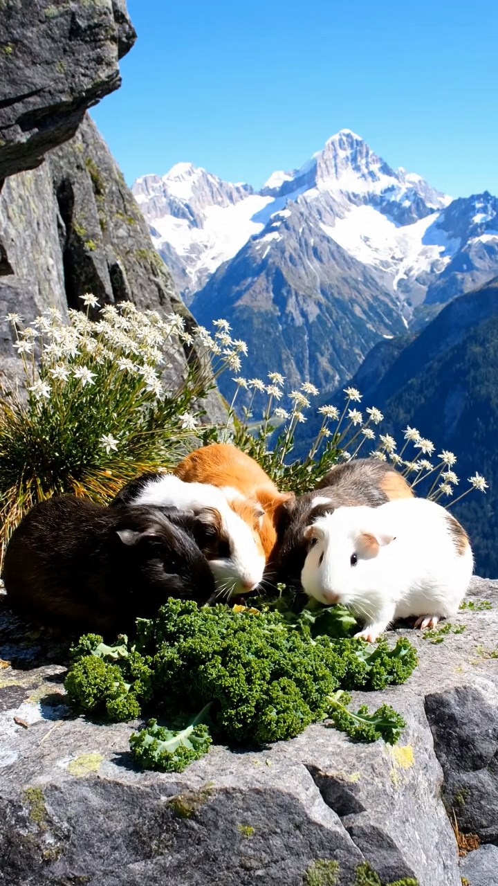 1505. Detailed realistic photo of 5 smooth-haired Teddy guinea pigs in sable, white, and orange colors, sharing kale greens, on a rugged alpine cliff edge with wild edelweiss flowers and distant snowy peaks.