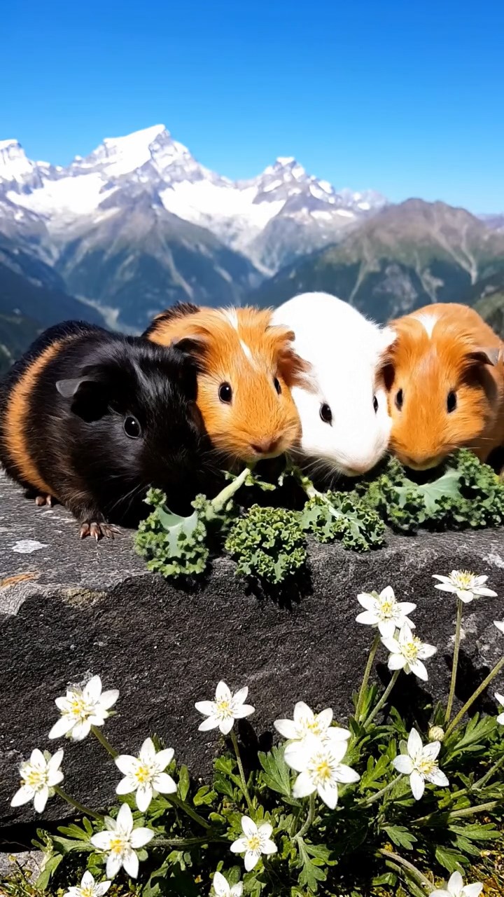 1505. Detailed realistic photo of 5 smooth-haired Teddy guinea pigs in sable, white, and orange colors, sharing kale greens, on a rugged alpine cliff edge with wild edelweiss flowers and distant snowy peaks.