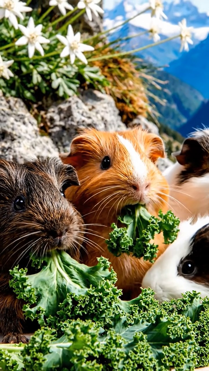 1505. Detailed realistic photo of 5 smooth-haired Teddy guinea pigs in sable, white, and orange colors, sharing kale greens, on a rugged alpine cliff edge with wild edelweiss flowers and distant snowy peaks.