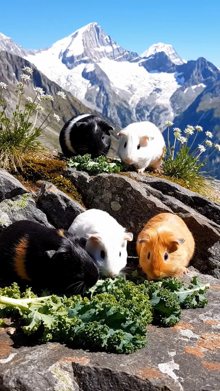 1505. Detailed realistic photo of 5 smooth-haired Teddy guinea pigs in sable, white, and orange colors, sharing kale greens, on a rugged alpine cliff edge with wild edelweiss flowers and distant snowy peaks.