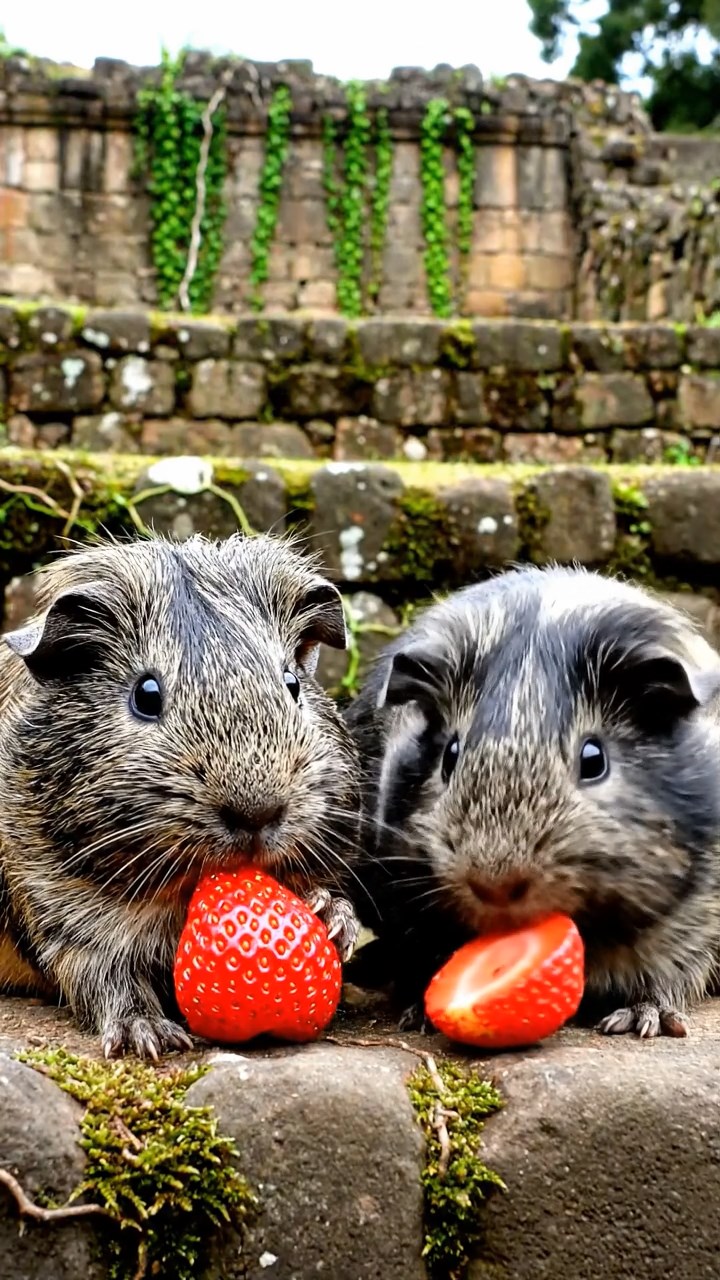 1506. Photorealistic view of 2 smooth-haired Texel guinea pigs with gray and black fur, enjoying strawberry halves, amid overgrown Incan ruins with stone terraces and vine-covered walls.